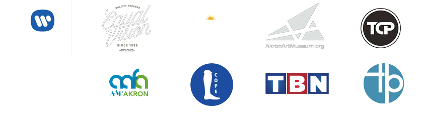 client logos, warner music, akron art museum, equal vision records, aaf akron, the nightlight cinema, tbn, kent state university, texas crew productions, todd biss
